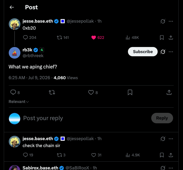 base_parody's tweet photo. 0XB20 prbably got more potential than $B20 first token as thats the only token mentioned by @jessepollak 

ca:
0xb2000000000000000000007626fb12fF1816e201

its at 25k now 
its just peanuts 

Aped 

NOT FINANCIAL ADVICED HAHAA. https://t.co/0oWeoiNWKd