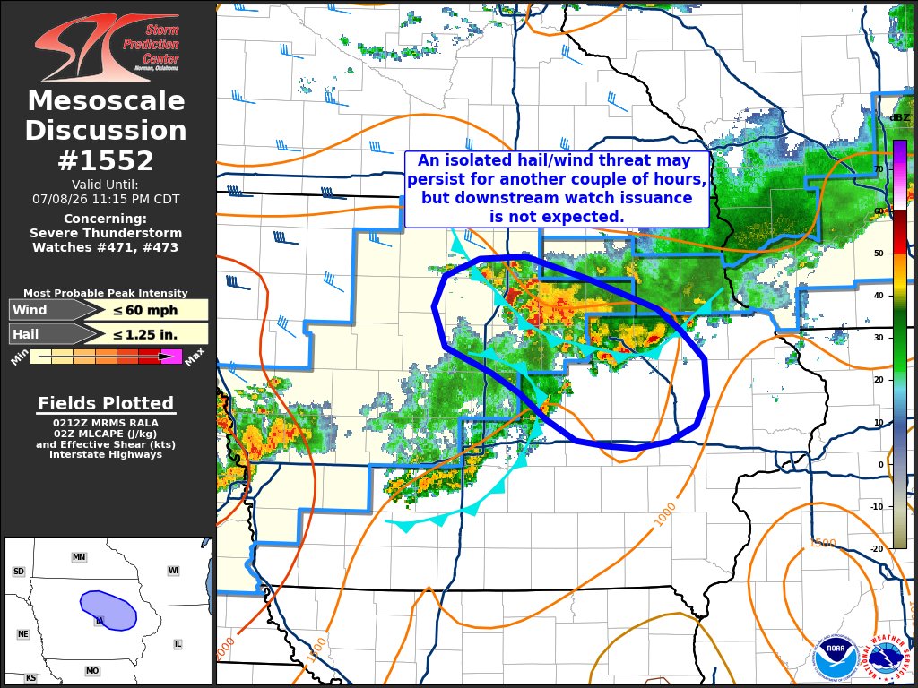 NWSSPC's tweet photo. 9:16pm CDT #SPC_MD 1552 , #iawx, https://t.co/XgCnYj58Zj https://t.co/wH3Bd819Xm