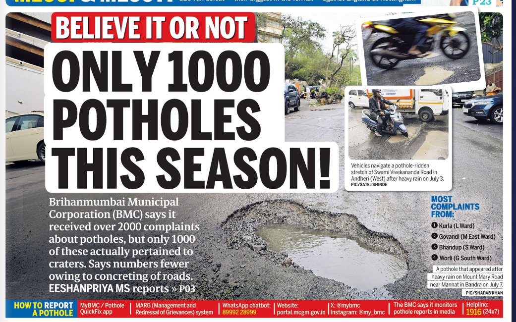 mumbaimatterz's tweet photo. #BelieveItOrNot

Only 1000 #Potholes this Rainy Season.

#BMC says road concreting drive halves pothole complaints this monsoon in #Mumbai

@Eeshanpriya
@mid_day

https://t.co/SzCOyN9sJv https://t.co/Z2NLqPHb1f