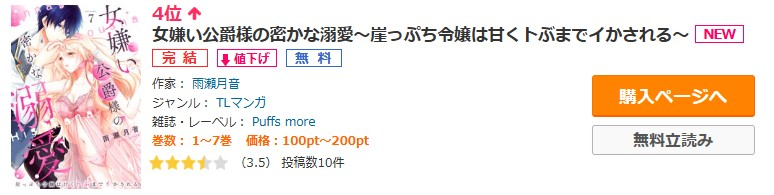 Puffs_info's tweet photo. ⋆⟡ランキング御礼⟡⋆

『女嫌い公爵様の密かな溺愛〜崖っぷち令嬢は甘くトぶまでイかされる〜』
著：雨瀬月音 @tukutani_as

コミックシーモア
幼なじみTL1位🥇/ラブコメTL3位🥉/TL総合&amp;TL先行4位
https://t.co/SwyLZniojh
ありがとうございます🫶🏻

#Puffsmore https://t.co/A38zmhprEx