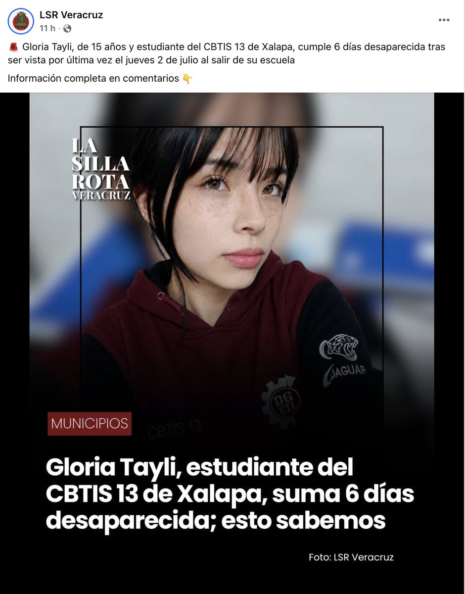 ReporteMxNotic1's tweet photo. Gloria Tayli, de 15 años y estudiante del CBTIS 13 de Xalapa, cumple 6 días desaparecida tras ser vista por última vez el jueves 2 de julio al salir de su escuela
#HastaEncontrarla @FGE_Veracruz @FGRMexico @SSPCMexico
https://t.co/H1bHK52PGr https://t.co/n3Vfbw02CN