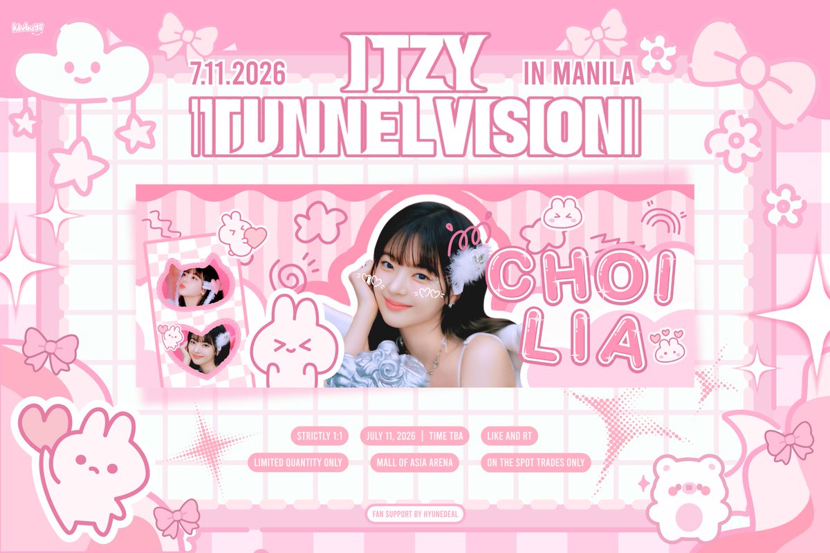 hyunedeal's tweet photo. 🎀 𝗧𝘂𝗻𝗻𝗲𝗹 𝗩𝗶𝘀𝗶𝗼𝗻 𝗶𝗻 𝗠𝗮𝗻𝗶𝗹𝗮 🌸
⤷ ゛𝘧𝘢𝘯 𝘴𝘶𝘱𝘱𝘰𝘳𝘵 𝘣𝘺 𝘩𝘺𝘶𝘯𝘩𝘰𝘷𝘦𝘳𝘴𝘦  ˎˊ˗

𐔌  moa arena ꒱

⿻ how to claim ››› 
┆ lrt this tweet
┆ show proof
┆ 1:1 only
  ⤷ enjoy!

⟡ see you, midzys! ⟡

#ITZYinManila #ITZY_TUNNELVISION_MANILA https://t.co/eAzHoTIvcv