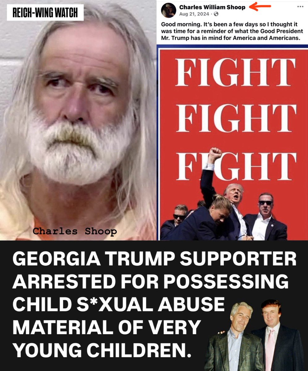 ReichWingWatch's tweet photo. 🚨A MAGA superfan who was a vocal advocate for “protecting our daughters and granddaughters” from the “threat” of trans people playing sports and cheering Trump as “the Good President” has been arrested for exactly what you’s expect.

Paulding County authorities arrested Charles Shoop after a Georgia Bureau of Investigation cyber tip led deputies to search his devices. On his tablet, investigators found 114 explicit images of children that Shoop had been sending to himself.

According to Chief Communications Officer Jordan Yuodis, Shoop claimed he was searching for content of people who were “barely of legal age.” Investigators found otherwise — many of the children in the recovered files matched the exact ages of kids currently living in Shoop’s own home. RWW confirmed the children in his home appear to be very young (under 12) through Shoops public social media posts. 

He’s now booked on a $9,000 bond, and Georgia’s Division of Family & Children Services has stepped in because of the children in his household.

This is the same man who used his Facebook feed to rage about Michelle Obama being a man named “Mike,” call for removing citizenship for legal citizens, shared memes accusing Democrats of being both N*zis and Bolsheviks, cheered immigration cruelty, and posted about his Catholic faith. Meanwhile he was allegedly stockpiling CSAM in his own house while kids were in his home.

The “protect the children” crowd, once again, caught doing the exact thing they scream about. 

We all know if he were a trans person, an undocumented immigrant, or gay dad, this would go instantly viral all over social media — because it’s easy to demonize minorities. But when it’s the same old MAGA folks getting arrested daily, no one ever hears about it.