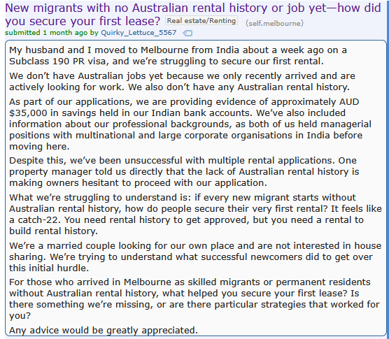 SkullSpeedDeal's tweet photo. Indian couple moves to Melbourne.

Complains how tight the rental market is.

Don't even have jobs yet. https://t.co/eLjTMHTqe8