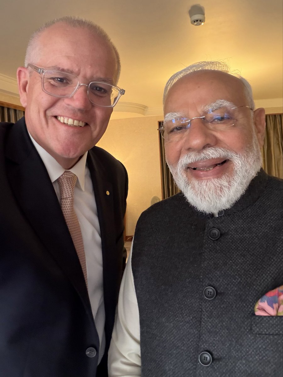 ScoMo30's tweet photo. Thanks to PM @narendramodi for the invitation to catch up in Melbourne today. Together we were able to to elevate the Australian India relationship to its highest ever level. I wish him all the very best for his visit.  🇦🇺🇮🇳

And yes, he did ask about how my Indian cooking was progressing. 🥘😀

#modi