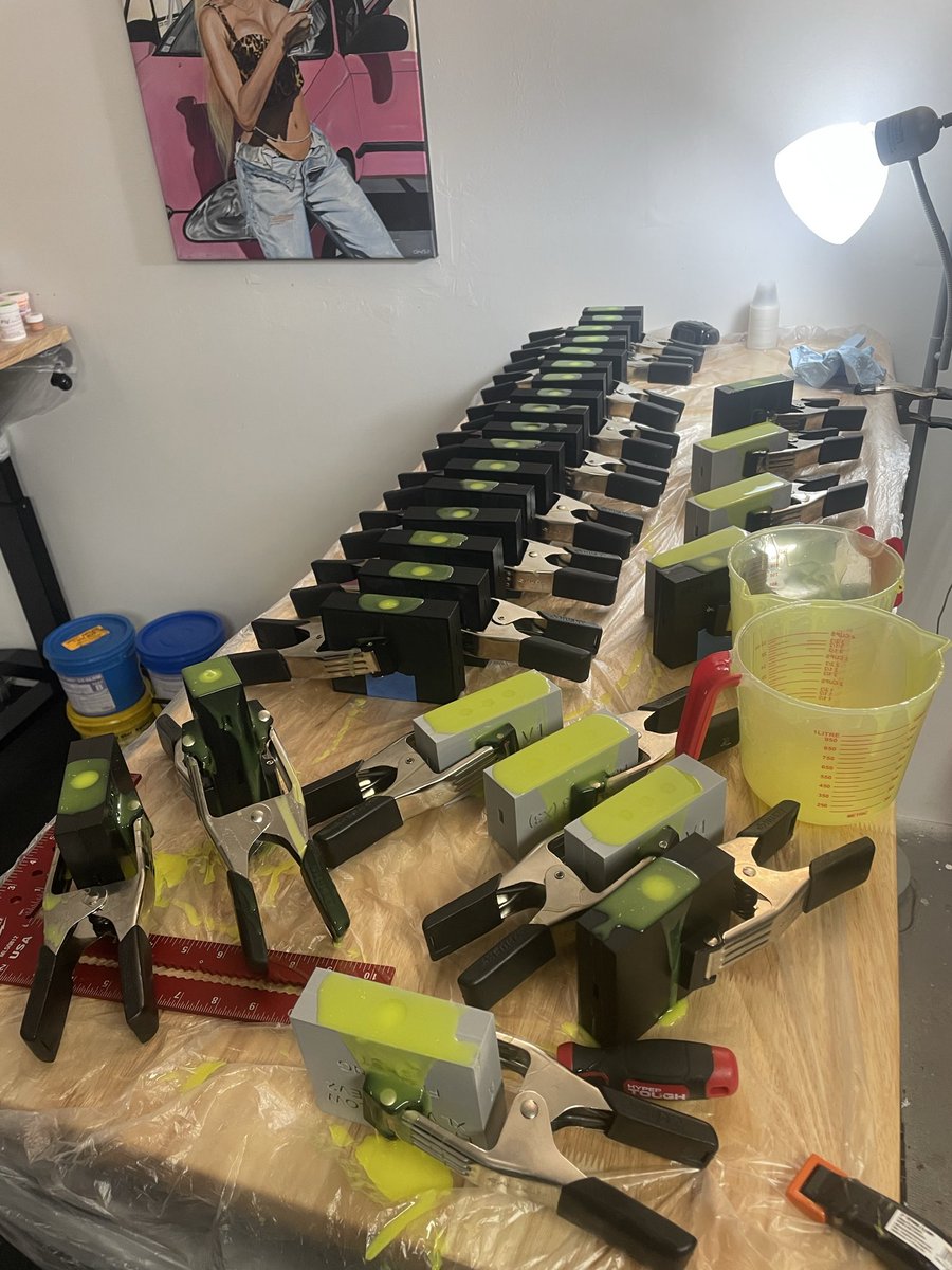 SiliconeWork's tweet photo. Wrapping up a pour of Hi-Viz bands and rings, demold these babies in a few hours 🤠 #shoplife #SexToys https://t.co/vvsWz46a9h https://t.co/rsKmkuxyYa