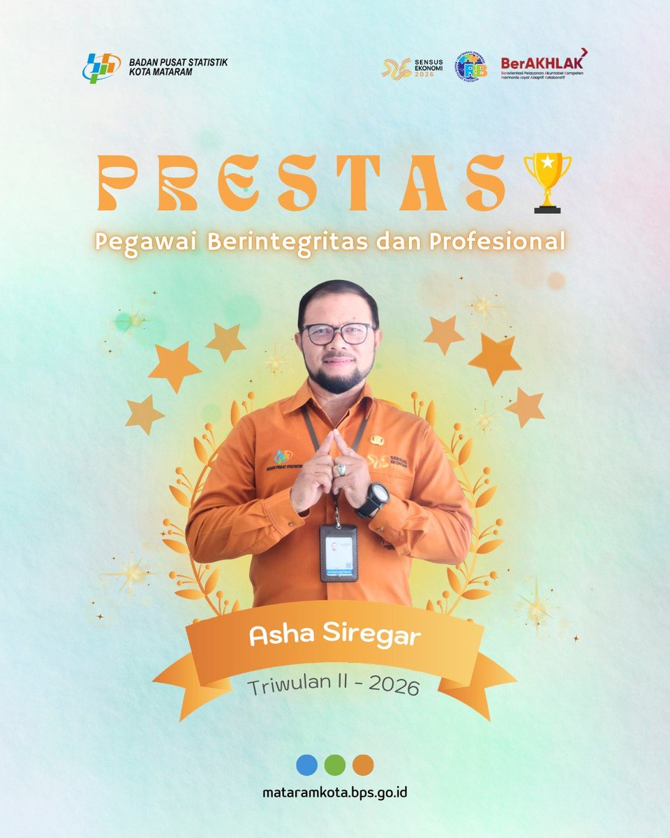 bpskotamataram's tweet photo. Selamat kepada Mohamad Asha Siregar, SH yang terpilih sebagai Pegawai Terbaik BPS Kota Mataram periode Triwulan II-2026!

#PRESTASI
#SElangkah2026
#HumasBPSMataram https://t.co/4npTz75fwB