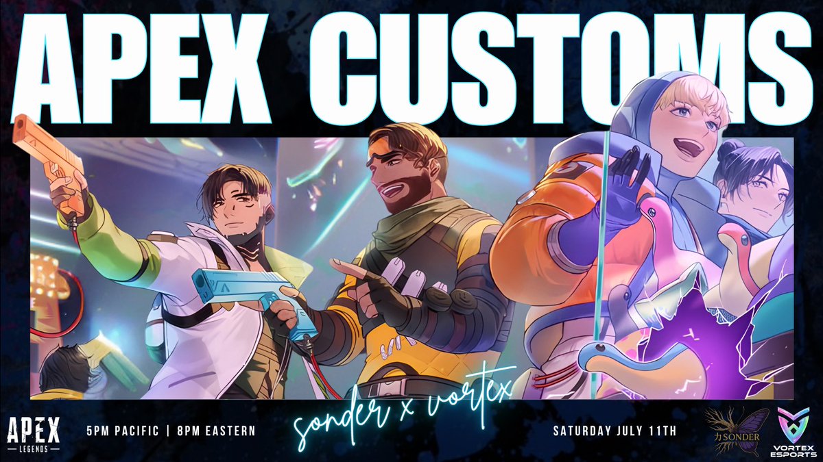 VortexEsports__'s tweet photo. Vortex is teaming up with Sonder Esports once again for our next round of monthly Apex Customs!

Join us for another night of community chaos, competitive energy, and good vibes as Vortex and Sonder come together in the ring.

Sonder x Vortex Apex Customs
📅 Saturday, July 11th
⏰ 5 PM Pacific | 8 PM Eastern
📍Sonder Esports -> https://t.co/0q1XiM55p2