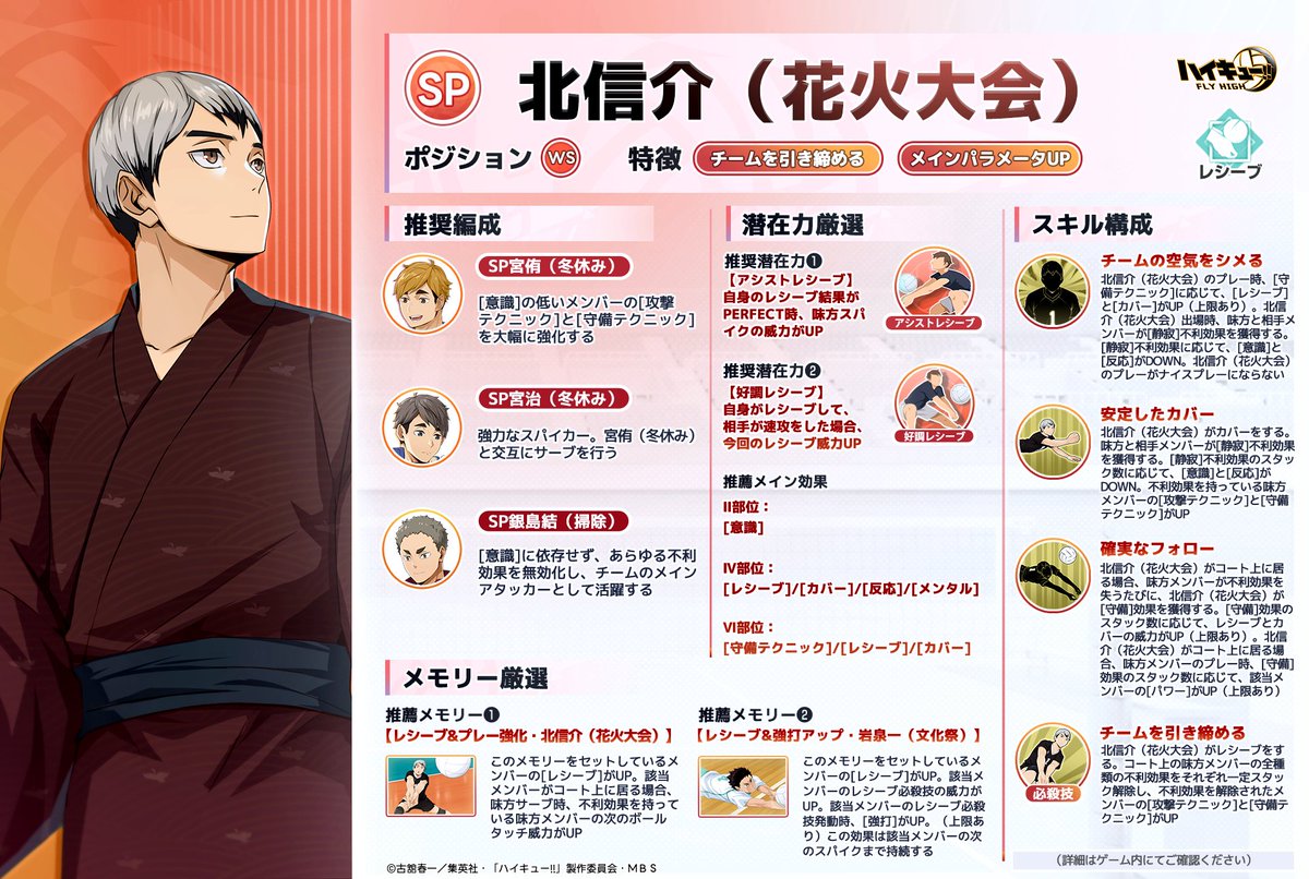 haikyu_haifura's tweet photo. 【SPメンバー紹介🏐】

🎆SPメンバー「北信介（花火大会）」をご紹介します！

喝采は要らん、ちゃんとやんねん

“反復・継続・丁寧”が作り上げたチームキャプテン
冷静沈着で行動に無駄がなく“ちゃんと”やる🌟

詳細は画像をご確認ください👇🏻

次回のメンバー紹介をお楽しみに！

#ハイフラ
#ハイキュー
#hq_anime