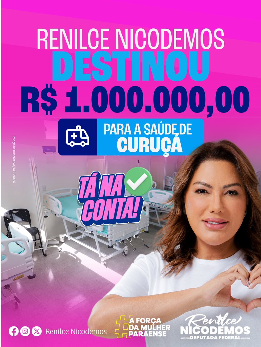 RenilceOficial's tweet photo. Tá na conta! ✅️

📣 Alô, meu povo de Curuçá! Alô, prefeito @hamiltonbritooficial ! Alô, vice-prefeito @vanderson_garcia1 ! Alô, ex-vereador e amigo @arturreginaldoo e amiga Marcilene!💙

O recurso de R$ 1.000.000,00 já está disponível para fortalecer a saúde do município. 🙌💙 https://t.co/Ym7LYCoUn7