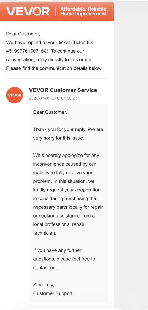 ThomasLuke_7's tweet photo. @vevortools wow, check out the wonderful email I received from @vevortools concerning one of their electric pressure washers that crapped out after about 25 hours.  They did send me a replacement switch which and didn’t work.  Won’t be buying any other VEVOR products #lemon https://t.co/wlIhGLDAOo