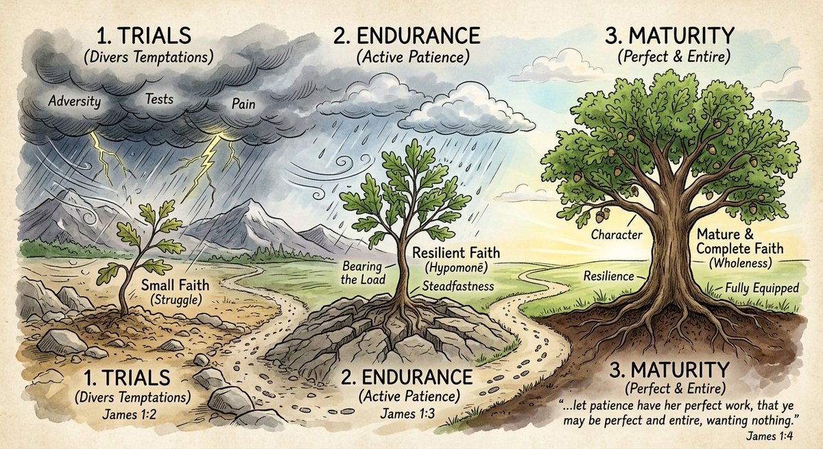 wills22's tweet photo. WHEN FACED WITH TRIALS AND ADVERSITY 
(Check illustration with the Oak tree in the picture)

Look to  the Bible in James 1:2-4

My brethren, count it all joy when ye fall into divers temptations; Knowing this, that the trying of your faith worketh patience. But let patience have her perfect work, that ye may be perfect and entire, wanting nothing."

This scripture is about the transformative power of adversity and how enduring it leads to personal and spiritual maturity.

James is not suggesting that you should be happy or fake a smile when bad things happen. Instead, "counting" or "considering" it joy is a deliberate mindset. It means choosing to look past the immediate pain of the struggle to see the hidden value and growth that the struggle can produce.

To have patience in this context means active endurance, steadfastness, and the ability to bear up under a heavy load without giving up. The trial is the resistance training that builds your endurance muscle.

Naturally and as carnal as we are, When things get difficult, the natural human instinct is to look for an escape hatch or a shortcut. James is advising against short-circuiting the process. You have to let the endurance run its full course to get the benefit.

When we are able to fully complete the course without running away or looking for shortcut, we would have fulfilled the ultimate goal of enduring hardship i which is wholeness. Remember, These trials chisel away weaknesses, leaving behind a character that is resilient, complete, and fully equipped for life.

THE TAKEAWAY 

James 1:2-4 flips the script on how we naturally view adversity. Instead of seeing trials as meaningless suffering or a reason to despair, the text frames them as a highly effective—though painful—tool for producing unwavering endurance and absolute maturity.

#ChristianWalk
#God #Scripture #faith #love # Trials #Temptations #adversity