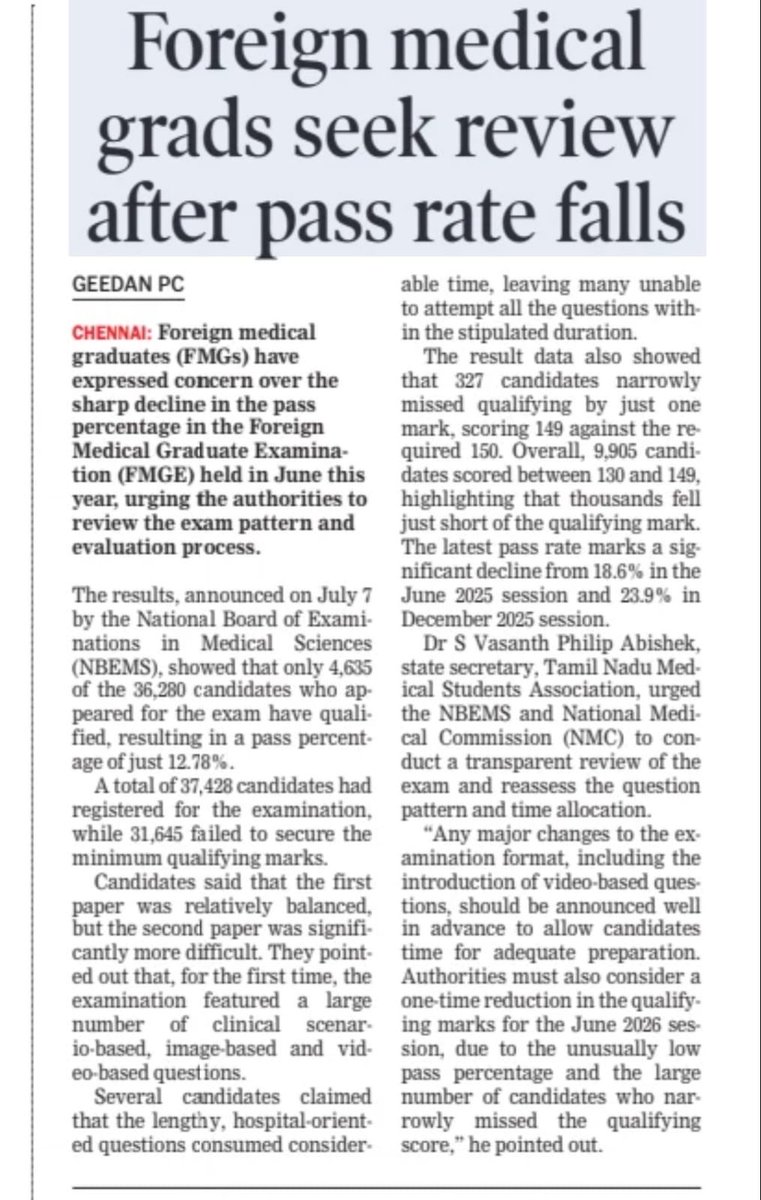 manickamtagore's tweet photo. *First NEET, now the FMGE mess!* 

The Modi Govt continues to destroy the dreams of middle-class medical aspirants.

By springing major format changes like lengthy, video-based and clinical questions without warning, the NBEMS crashed the pass rate to a shocking 12.78%. Over 31,000 students have failed. Any major changes to the examination format, including the introduction of video-based questions, should be announced well in advance to allow candidates adequate preparation time. Changing the rules of the game on exam day is deliberate elimination, not a fair assessment.

We stand with the Tamil Nadu Medical Students Association. The Ministry of Health must immediately conduct a transparent review and lower the qualifying cutoff for this session! 

#NEET #FMGE @JPNadda