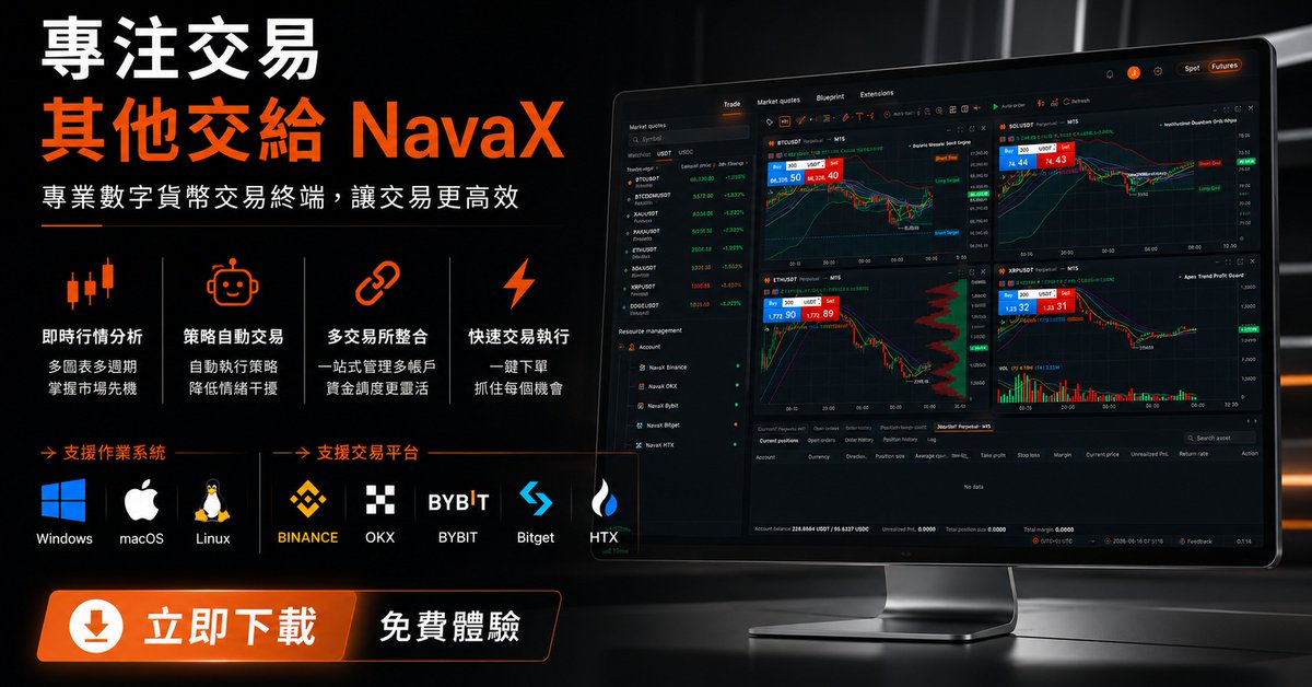 jmsmr6's tweet photo. 浏览器从来不是为专业交易而设计的。NavaX 将多交易所、专业图表、可视化策略自动化和高速交易执行整合到一个原生桌面工作区。