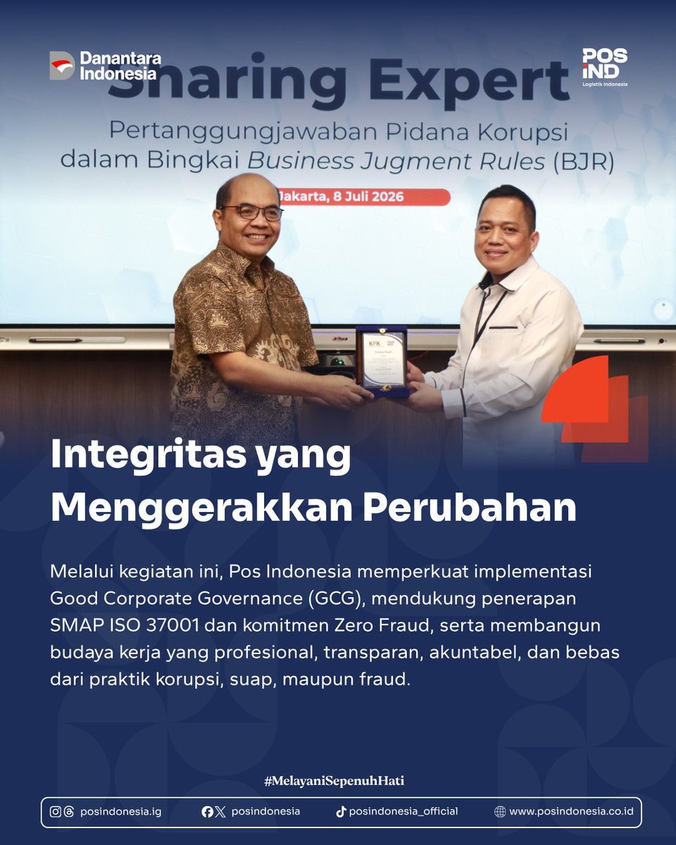 PosIndonesia's tweet photo. Integritas adalah fondasi utama dalam menggerakkan perubahan.
Jajaran manajemen Pos Indonesia bersama KPK RI bersinergi dalam acara Sharing Expert yang mengangkat tema "Pertanggungjawaban Pidana Korporasi dalam Bingkai Business Judgment Rule (BJR)".
#PosIND
#Danantara
#KPKRI https://t.co/aHlHKnn0CI