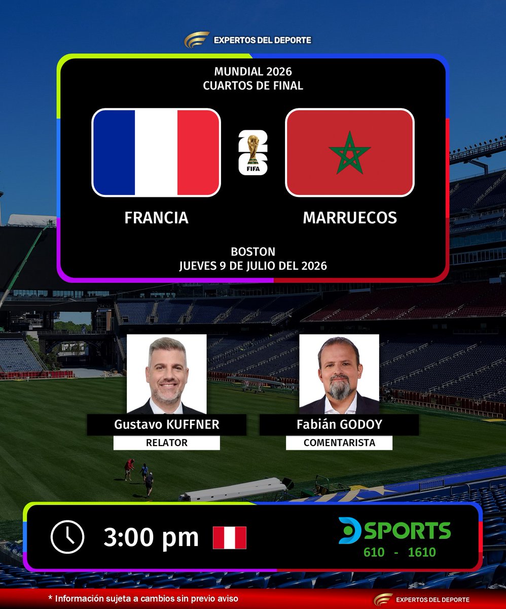 ExpertosDDXT's tweet photo. ⚽ #Mundial2026 🇺🇸🇲🇽🇨🇦 | 4tos de Final
⚔️ #Francia 🇫🇷 vs. #Marruecos 🇲🇦
🎙️ Relator: @GustavoKuffner 
🎙️ Comentarista: @fabig08 
📺 @DSports 
💻📱 @DGO_Latam - @paramountplus 
#️⃣ #Somos26 - #MundialEnDSPORTS
Síganos y dale RT 🔃 https://t.co/o2lCikgY74