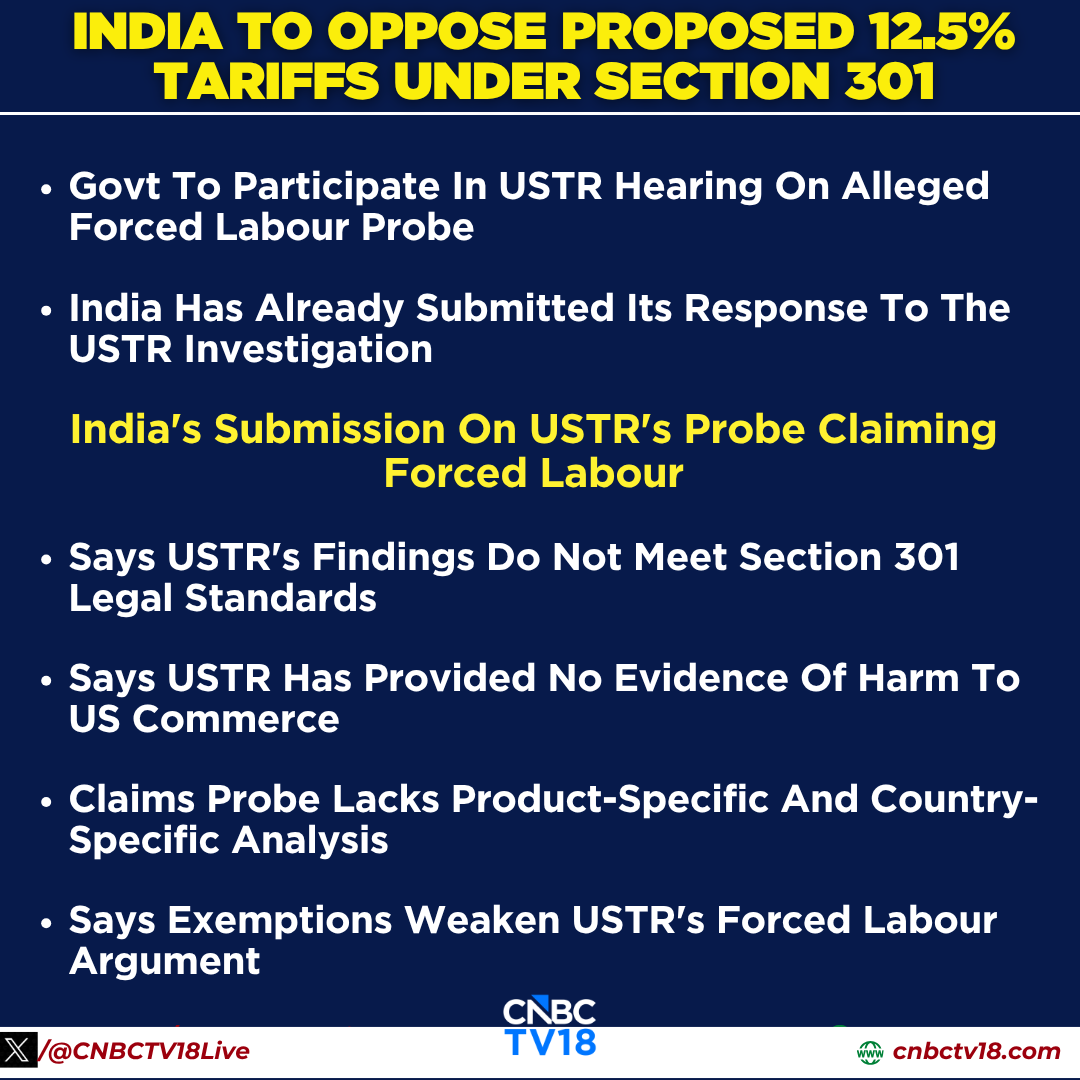 CNBCTV18Live's tweet photo. #JustIn | #India to oppose proposed 12.5% tariffs under section 301, #Govt to participate in #USTR hearing on alleged forced labour probe. 

India has already submitted its response to the USTR investigation👇

👉Argues probe does not meet legal requirements for initiation

👉Rejects claim that Indian exports gain an unfair competitive advantage

👉Says no evidence shows Indian exports burden or restrict US commerce

Here's more👇