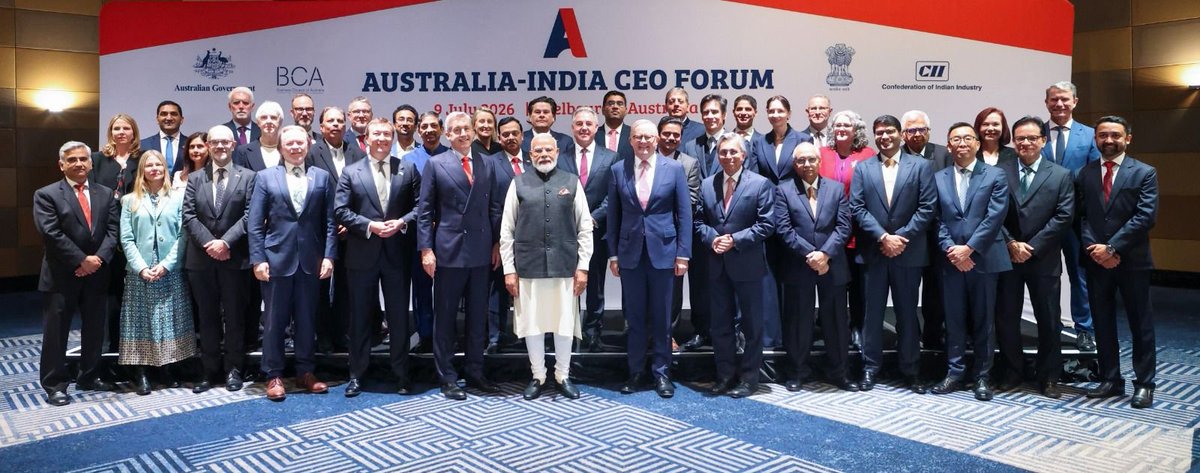 narendramodi's tweet photo. Addressed the Australia-India CEO Forum in Melbourne this morning. Since 2023, this forum has gained remarkable momentum, reflecting the growing confidence in our economic partnership. 

I thank PM Anthony Albanese for joining the interaction and sharing his vision for taking our economic ties to even greater heights. 

In my remarks, discussed opportunities across sectors such as aviation, transport and logistics, financial services, critical minerals, technology, food processing, food security and skilling. 

India offers unmatched opportunities for growth and innovation. I invited businesses to invest and innovate in India.

@AlboMP