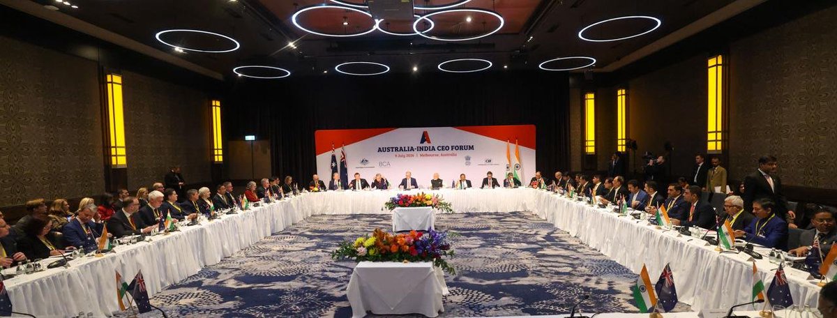 narendramodi's tweet photo. Addressed the Australia-India CEO Forum in Melbourne this morning. Since 2023, this forum has gained remarkable momentum, reflecting the growing confidence in our economic partnership. 

I thank PM Anthony Albanese for joining the interaction and sharing his vision for taking our economic ties to even greater heights. 

In my remarks, discussed opportunities across sectors such as aviation, transport and logistics, financial services, critical minerals, technology, food processing, food security and skilling. 

India offers unmatched opportunities for growth and innovation. I invited businesses to invest and innovate in India.

@AlboMP