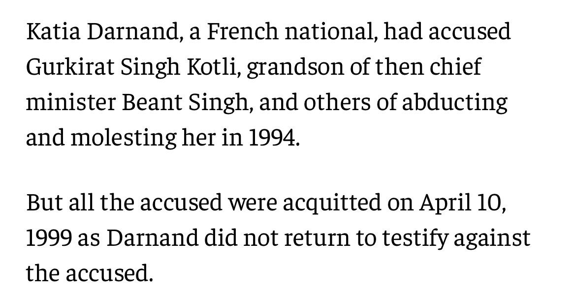 Hsjhamke's tweet photo. In 1994, Ravneet Bittu’s cousin Gurkirat Kotli, accompanied by security provided by their grandfather Chief Minister Beant Singh, abducted and raped a 24-year-old French tourist named Katia.
She decided to press charges with the support of Sardar Simranjit Singh Mann. After years of slow-moving court proceedings she eventually gave up hope. In April 1999 Kotli and his police guards were acquitted due to “lack of evidence.”