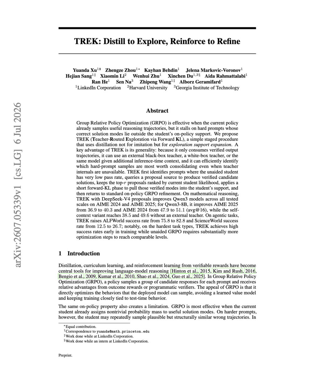 askalphaxiv's tweet photo. This paper, TREK, makes GRPO better at hard problems by solving its exploration problem.

When the student keeps sampling wrong paths, RL has nothing useful to reinforce.

So TREK would asks a teacher, or the same model with extra context, to find verified correct solutions. It then teaches the student only the closest ones, so those paths become sampleable.

Which means GRPO can refine them normally.
