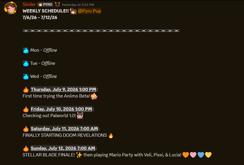 TheNflSonic's tweet photo. NflSonic again with a update to the Schedule This Week. Due to Sinder not feeling well today, it won't be Doom all week. 
Thursday - Trying Out Aniimo Beta
Friday - Palworld 1.0
Saturday - Morning Doom Revelations
Sunday - Stellar Blade PLUS Mario Party w/ Veli, Pixi, and Lucia! https://t.co/hskU6DYu7M