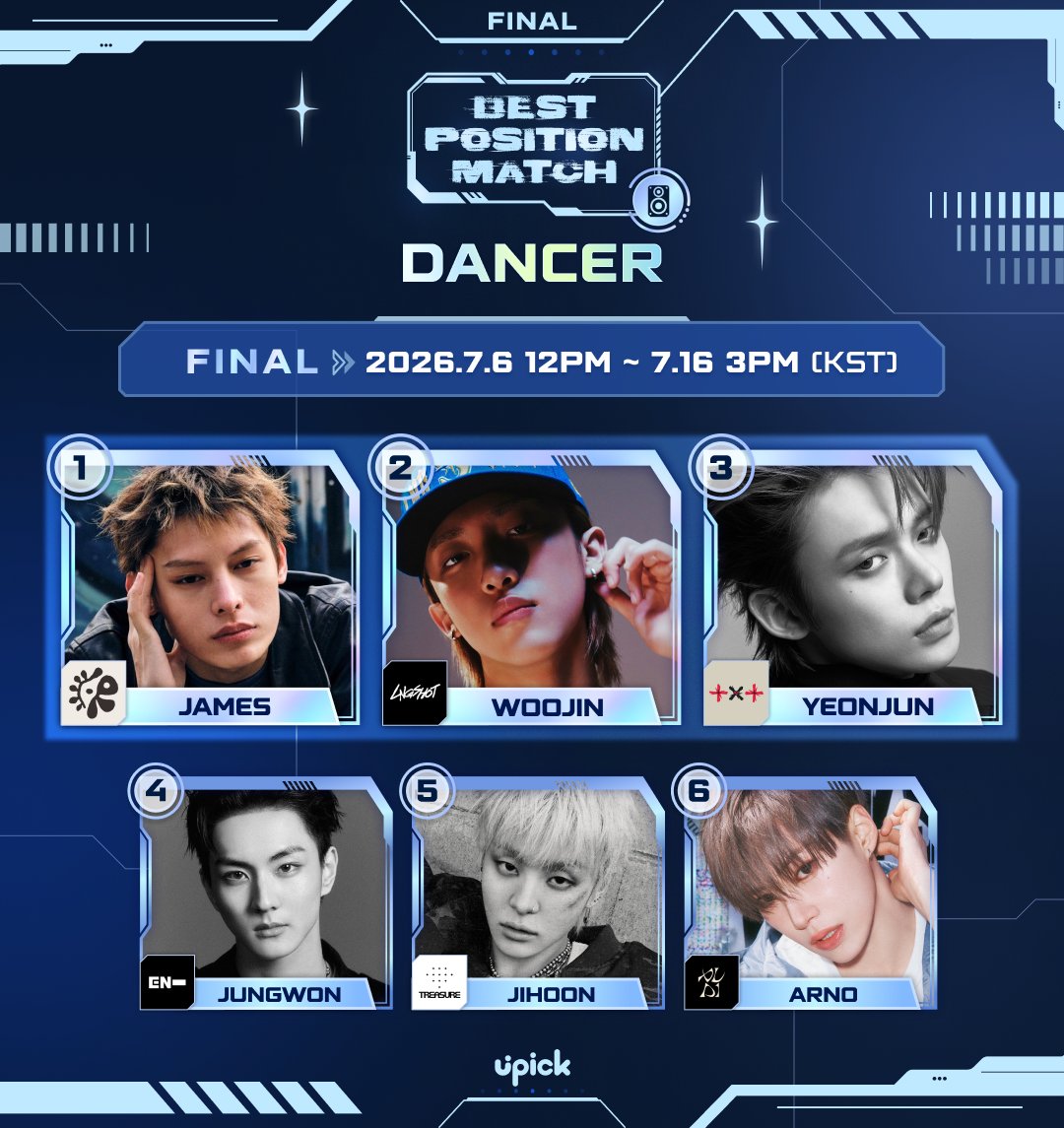 UPICK_twt's tweet photo. Best #DANCER Final
TIME ATTACK EVENT will starts 5PM today‼️

🗓~7/16 3PM KST
🔗https://t.co/f5QYtX7gnI
🏆Times Square Yeongdeungpo

🏅
①#CORTIS #JAMES 
②#LNGSHOT #WOOJIN 
③#TXT #YEONJUN
④#ENHYPEN #JUNGWON
⑤#TREASURE #JIHOON
⑥#ALPHADRIVEONE #ARNO