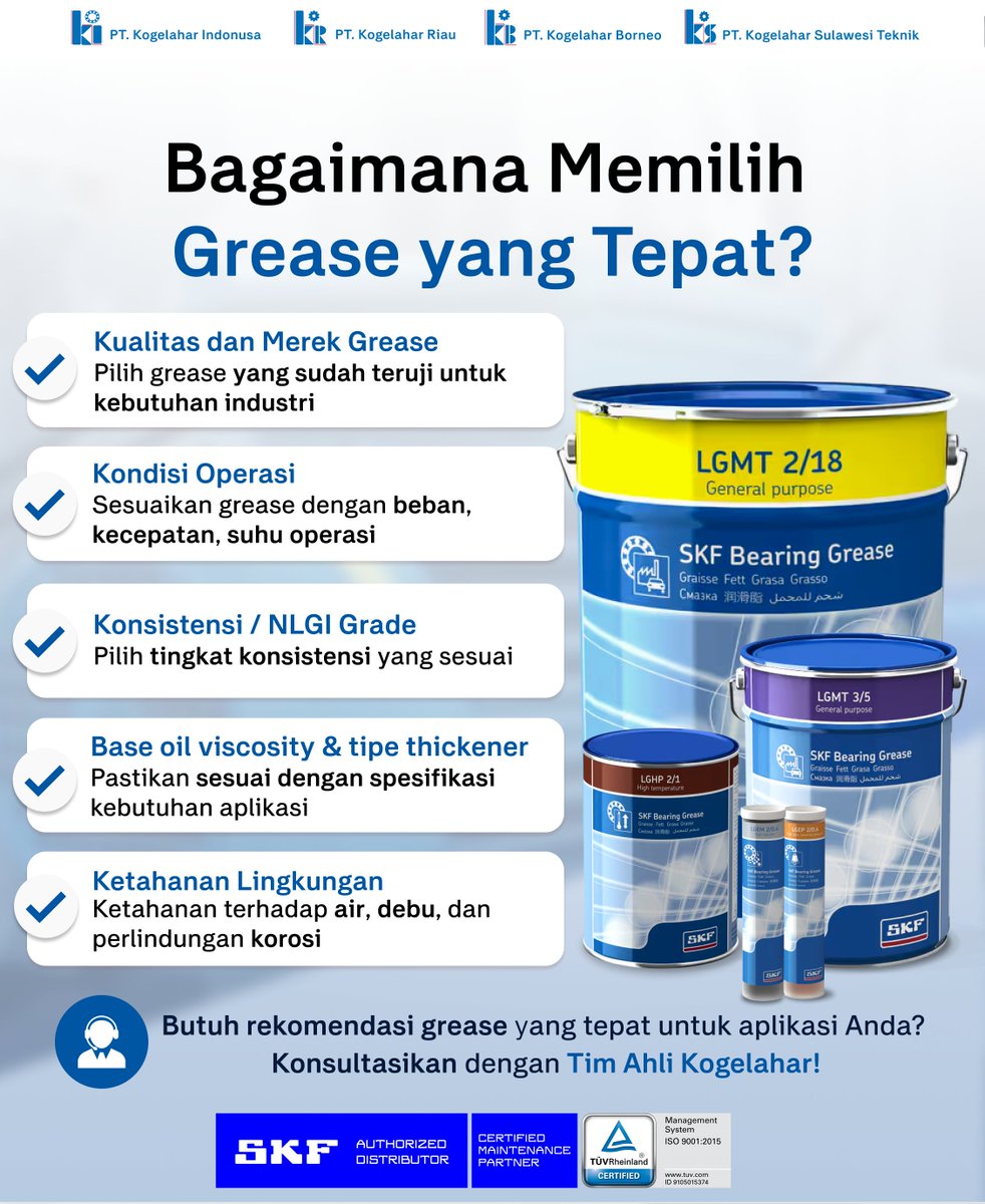 Kogelahar's tweet photo. Grease yang sesuai dengan aplikasi, beban, suhu operasi, kecepatan putaran, dan kondisi lingkungan akan membantu bearing bekerja lebih optimal, mengurangi gesekan, mencegah keausan dini, serta memperpanjang umur pakai komponen.

#Grease #Lubrication #Bearing #SKF #Kogelahar https://t.co/sCP5CNcPcg