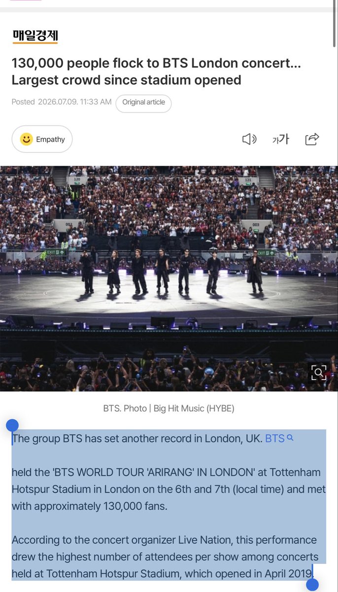 orul8ce's tweet photo. Bighits press release 🔥🔥👏👏🔥

The group BTS has set another record in London, UK. BTS held the 'BTS WORLD TOUR 'ARIRANG' IN LONDON' at Tottenham Hotspur Stadium in London on the 6th and 7th (local time) and met with approximately 130,000 fans. 🔥🔥🔥👏

According to the concert organizer Live Nation, this performance drew the highest number of attendees 🔥🔥👏per show among concerts held at Tottenham Hotspur Stadium

https://t.co/pfwirV69MT