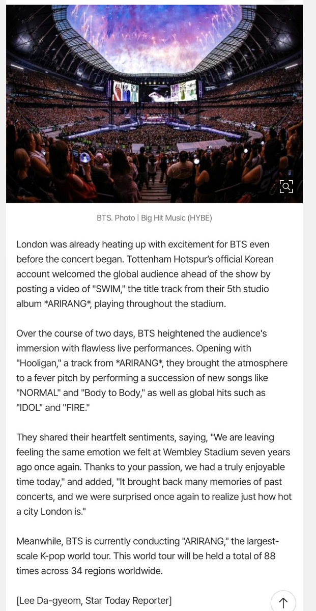 orul8ce's tweet photo. Bighits press release 🔥🔥👏👏🔥

The group BTS has set another record in London, UK. BTS held the 'BTS WORLD TOUR 'ARIRANG' IN LONDON' at Tottenham Hotspur Stadium in London on the 6th and 7th (local time) and met with approximately 130,000 fans. 🔥🔥🔥👏

According to the concert organizer Live Nation, this performance drew the highest number of attendees 🔥🔥👏per show among concerts held at Tottenham Hotspur Stadium

https://t.co/pfwirV69MT