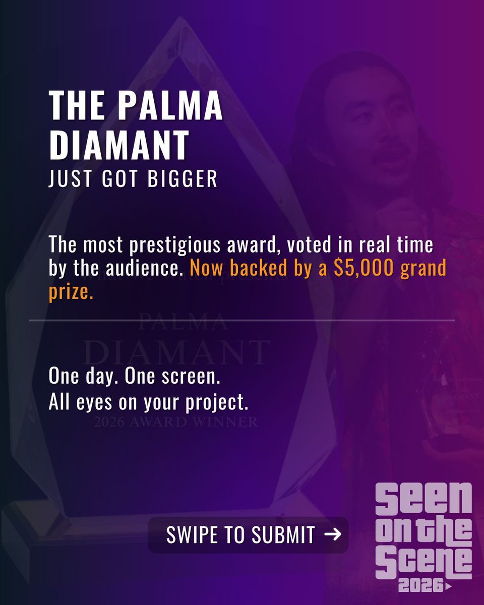 wwwfilmtv's tweet photo. BREAKING: The Palma Diamant just got a $5K grand prize. It's not just a bigger award. It's a bigger statement for independent film. Submit your film today, and share it with a filmmaker who needs to see this. #SOTSIV #WhatWeWatch @mspeacherino https://t.co/58BiYtZYd3