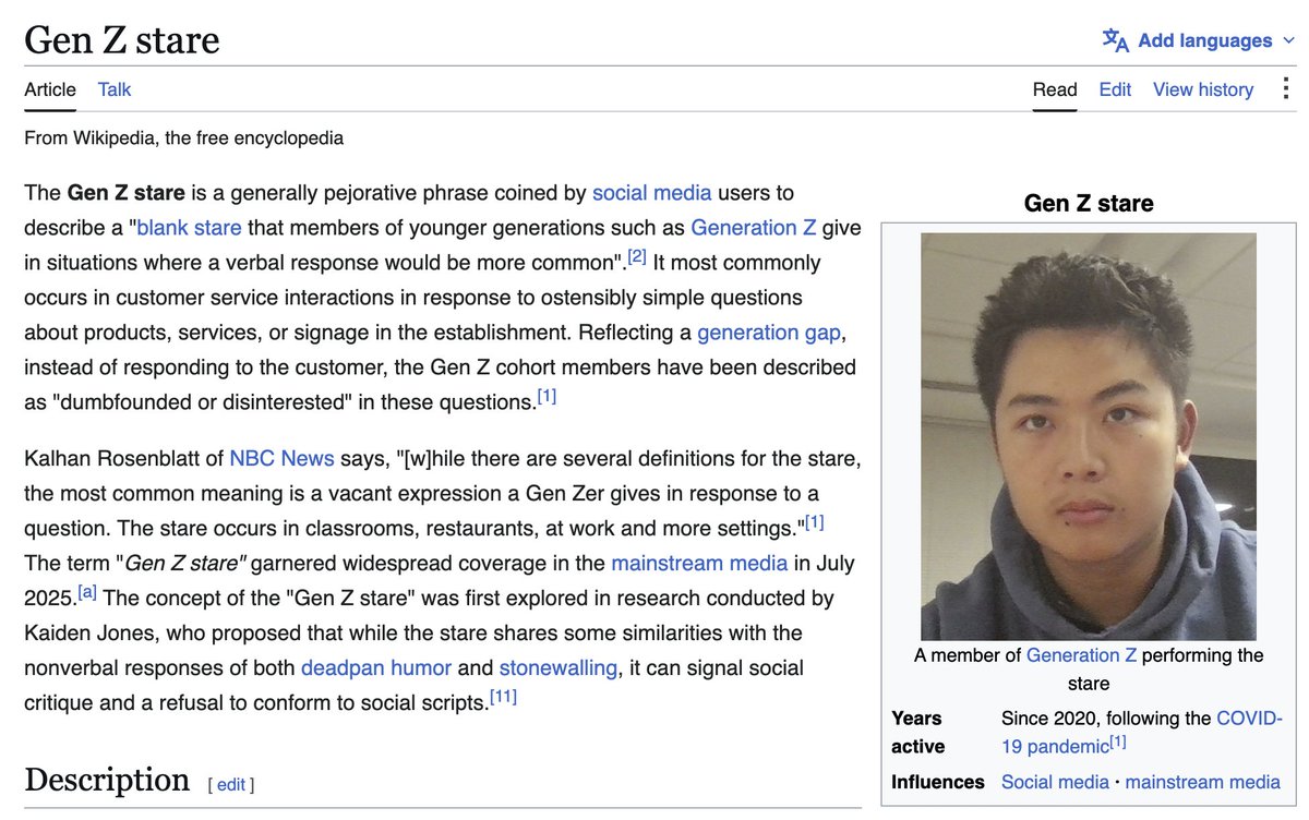AutismCapital's tweet photo. Today we learned that there is an actual wikipedia article for the "Gen Z Stare" LMAO 

Does this guy know that they made him the poster child for deep traumatic dissociation? LOL 💀💀💀 https://t.co/ZBQ6WihaOC