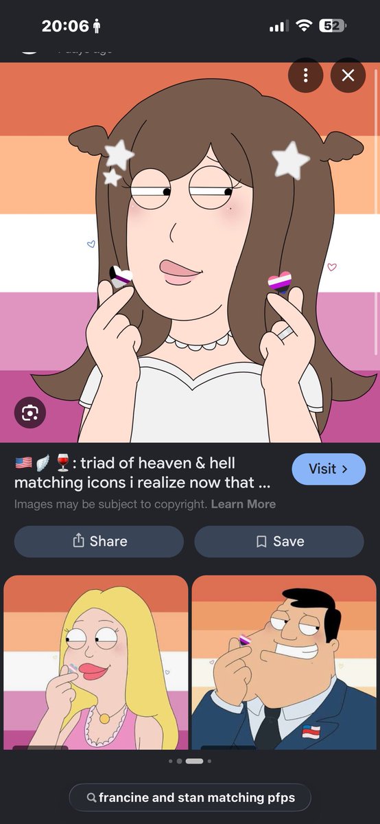 HTTYcallie's tweet photo. Went looking for Stan and Francine matching pfps for me and my boyfriend and was very delighted to see @Iluvtheworld43 matching pfps they made https://t.co/TImQ37GFyx