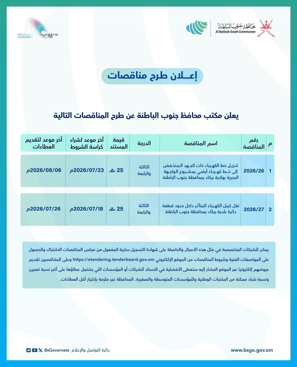 BsGovernate's tweet photo. يُعلن مكتب محافظ جنوب الباطنة عن طرح مناقـــصات.

 #محافظة_جنوب_الباطنة 
#مناقصة https://t.co/bh1JFnvixv