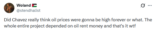 kousbalte's tweet photo. truly underrated garbage poster. what's the reason norway can weather low oil prices but third world exporters can't?

chavez was so evil for redistributing oil rents instead of using it to purchase real estate in spain like the MPLA, amirite? https://t.co/FqNGskXijp