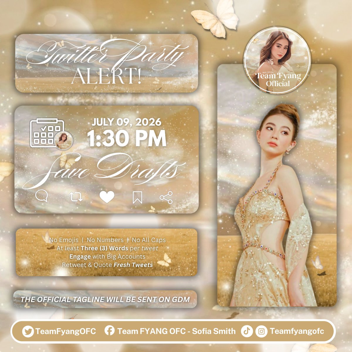 TeamFyangOFC's tweet photo. 𝐓𝐖𝐈𝐓𝐓𝐄𝐑 𝐏𝐀𝐑𝐓𝐘 𝐀𝐋𝐄𝐑𝐓 .ᐟ

Mark your calendars, Sofleys & Slayers! 🗓️

Get ready to storm the timeline because Team Fyang is inviting you to a Twitter Party later at 𝟏:𝟑𝟎 𝐏𝐌! 

Start saving drafts now. Check your GDM's for the official tagline and hashtag.

Let’s unite, stay loud, and keep those tweets flying high. See you on the feed! 🤍

#FyangSmith | @im
