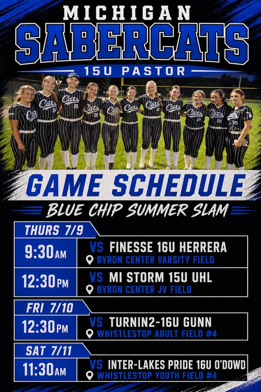 GoSabercats's tweet photo. Tomorrow we head to Byron Center, MI for the Michigan Blue Chip Summer Slam Exposure event!

We've had great runs here iver the years and look to do the same again this year!

Follow us live via GameChanger at Michigan Sabercats Pastor 15u!

Go Sabercats! 🥎💪 https://t.co/Wrqa9OS9G7