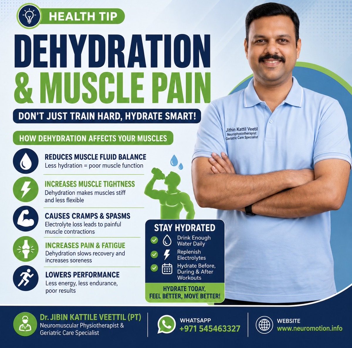 jibuphysio's tweet photo. 💧 Dehydration doesn’t just make you thirsty—it affects your muscles too.

When your body loses water and electrolytes, muscles become tight, stiff, and prone to cramps, reducing strength, flexibility, and performance while increasing the risk of pain and injury. https://t.co/luGXTC8UmA