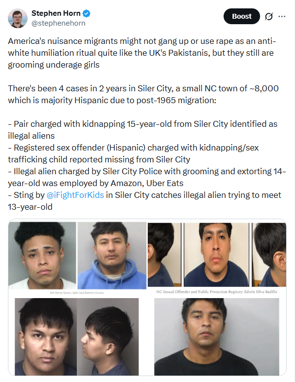 stephenehorn's tweet photo. Fun fact: majority-Hispanic Siler City in NC has a population of only ~8,000, but at least four cases in the past two years involving four illegal aliens grooming, extorting, and/or kidnapping underage children

And over in Wake County, analysis shows that Hispanics make up over 40% of statutory rape arrests despite only being 12% of the population

These are the sorts of local stories you'll only find at the @TriangleTrumpet: https://t.co/qet7Rn1nOQ