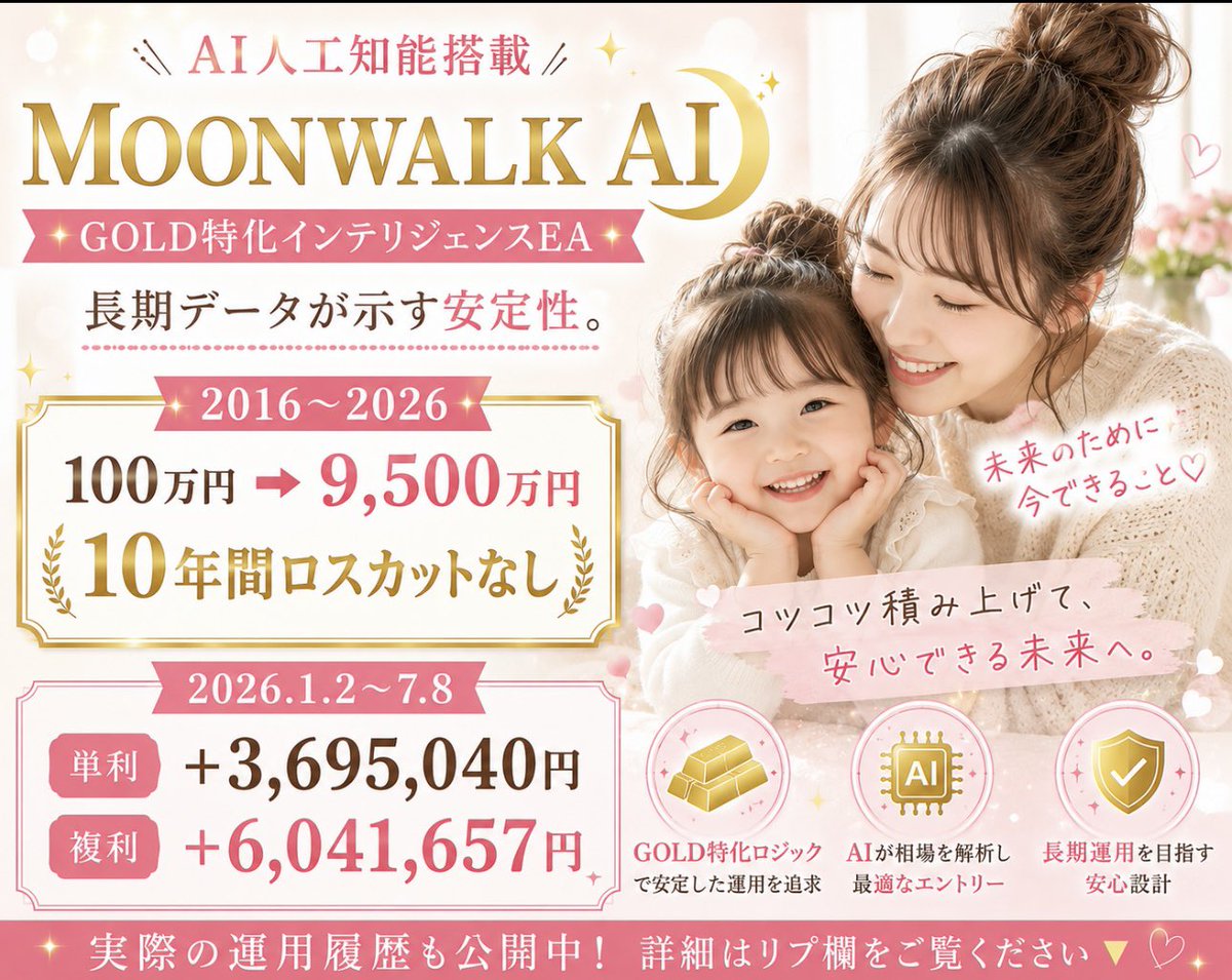 dancealive2121's tweet photo. 🌙 MOONWALK AI

AI（人工知能）搭載
GOLD特化インテリジェンスEA✨

長期データが示す安定性。

🏆 2016〜2026
100万円 → 9,500万円
10年間ロスカットなし

📊 2026.1.2〜7.8

単利 +3,695,040円
複利 +6,041,657円

コツコツ積み上げて、
安心できる未来へ。

詳細⬇️

https://t.co/Yo7o8OAJma https://t.co/krqw9hsfbu