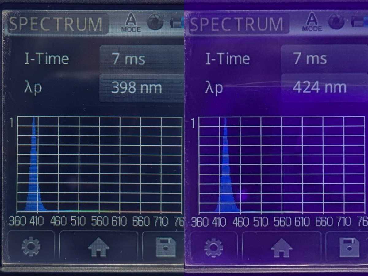 EijiMyorin's tweet photo. SPECTRAの検品項目には、UV系LED素子の400nmと425nmの波長精度も含まれます☝
特に第2世代から採用されたガラスレンズ仕様では、KR時代から定番となったEpileds最高ランクチップを封入し、鉄壁の焼損防御と最高のUV強度という相反する性能を両立し、サンゴの色揚げに対して余裕のUV性能を誇ります😌 https://t.co/jy8p25s5qj