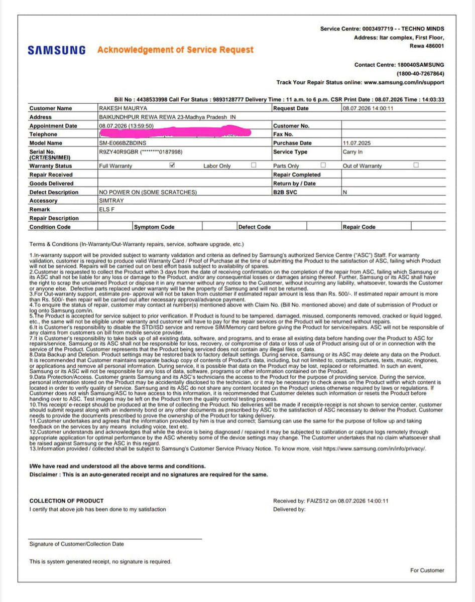 devendrama58083's tweet photo. @SamsungIndia Dear @SamsungIndia, Mera phone (SM-E066BZBDINS) in-warranty hai (Bill No: 4438533998). Service Centre "TECHNO MINDS, REWA" motherboard short batakar ₹1000 mang raha hai, jabki job sheet par saaf 'Full Warranty' ticked hai. Kindly look into this fraud. https://t.co/HKKxawVwkt