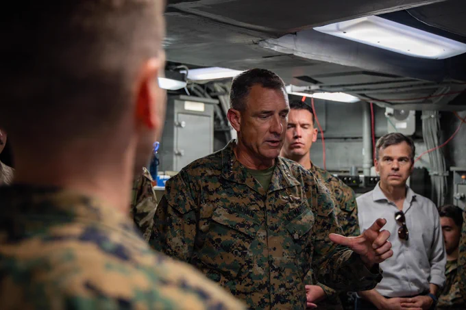 U.S. Marine Corps Gen. Francis L. Donovan, commander, U.S. Southern Command, speaks with Marines assigned to 3rd Battalion, 2nd Marine Regiment, Littoral Combat Force-24, during an operational site survey aboard San Antonio-class amphibious transport dock (LPD 28) at La Guaira, Venezuela, June 6, 2026. At the direction of U.S. Southern Command, assigned U.S. military forces are supporting Department of State-led U.S. disaster assistance to the people of Venezuela in the aftermath of the June 24, 2026, earthquakes. (U.S. Marine Corps photo)\n\n