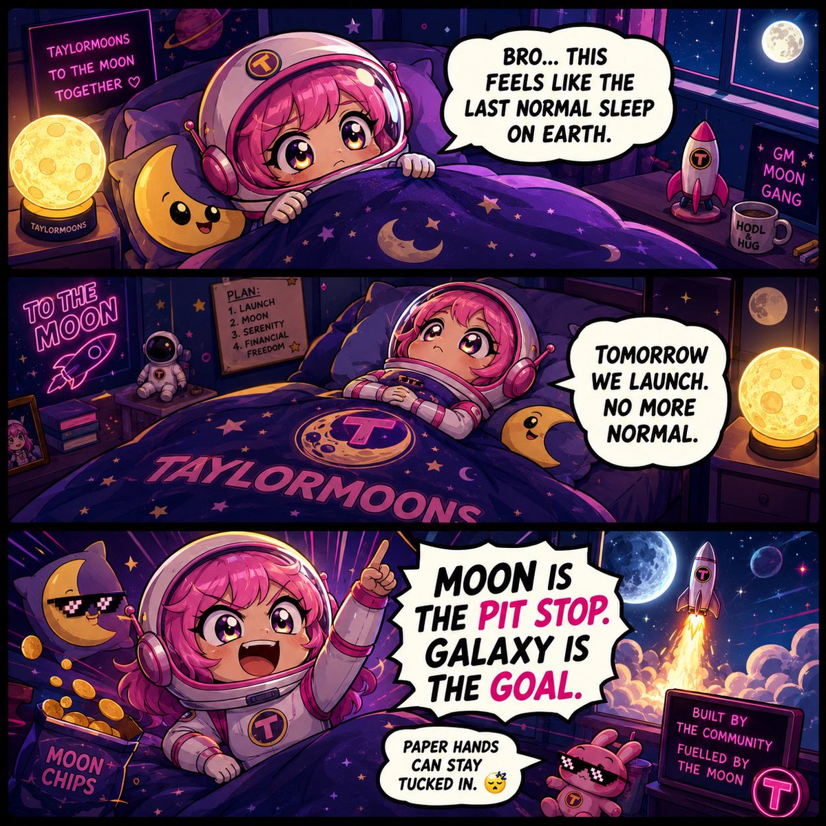 Tsmoonsofficial's tweet photo. 🌎😴 Last night sleeping in an actual bed.

Tonight the pillow feels different…
The blanket knows something is coming…
Even the mattress is like, “Bro, you sure about this?” 😂

Because tomorrow the $TSMOONS rocket starts warming up.

Some people are setting alarms.
Some people are packing memes.
Some people are still asking where the seatbelts are.

Paper hands are tucking themselves in with warm milk.
The real crew is laying in bed staring at the ceiling like:

“Yep… this might be the last normal sleep before we get lost in the galaxy.” 🌌🚀

Moon is the pit stop.
Chaos is the fuel.
Galaxy is the goal.

Sleep good tonight, Earthlings.
Tomorrow we stop acting normal.

HODL tight. Get lost in the galaxy. 🌕🚀

Official Telegram: https://t.co/9HXH1ALTaL

#TSMOONS #Taylormoons #Solana #MemeCoin #CryptoCommunity