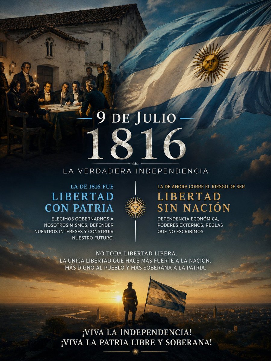 RicBenedetti's tweet photo. 🇦🇷 9 de Julio de 1816

Hace 210 años, en una casa de Tucumán, un puñado de hombres hizo algo que parecía imposible: decidió que este rincón del mundo dejaría de pedir permiso para existir.

No firmaron un papel. Firmaron una ruptura con la historia. Declararon que estas tierras no obedecerían más a ningún rey ni aceptarían ninguna dominación extranjera. No tenían riqueza, no tenían un ejército invencible y apenas podían garantizar el día siguiente. Pero tenían algo mucho más poderoso: la convicción de que un pueblo solo es libre cuando decide su propio destino.

Esa fue la verdadera Independencia.

No era la libertad del consumo. No era la libertad del mercado. No era el "sálvese quien pueda". Era la libertad de una Nación que elegía gobernarse a sí misma, defender sus intereses y construir su futuro con sus propias manos.

Doscientos diez años después, la palabra libertad volvió a ocupar el centro de la escena. Pero ya no significa necesariamente lo mismo.

Hoy, muchas veces, se la presenta como la libertad para que el mercado decida, para que las instituciones del Estado retrocedan y para que los poderes económicos y financieros dicten las reglas del juego. Una libertad que promete independencia individual mientras acepta nuevas formas de dependencia colectiva.

La diferencia es profunda.

La de 1816 fue libertad con Patria.

La de ahora corre el riesgo de convertirse en libertad sin Nación.

Los hombres de Tucumán no desafiaron al Imperio español para cambiar un amo político por nuevos amos financieros. No arriesgaron la vida para convertir a la Argentina en un territorio de negocios. La arriesgaron para que existiera una Patria soberana, capaz de decidir por sí misma, sin arrodillarse ante ningún poder.

Por eso el 9 de Julio no es una fecha para repetir consignas. Es un espejo que interpela. Nos obliga a preguntarnos qué entendemos por libertad y, sobre todo, al servicio de quién está esa libertad.

Porque no toda libertad libera.

La única libertad que merece ser celebrada es la que hace más fuerte a la Nación, más digno al pueblo y más soberana a la Patria.

¡Viva la Independencia!

¡Viva la Patria libre y soberana! 🇦🇷