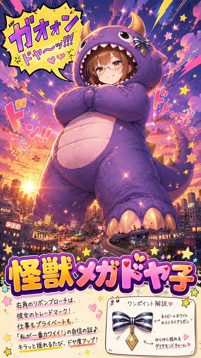 uhaoke_stamp's tweet photo. #うい獣 #うはおけプロンプト

か、怪獣だ〜！💦
怪獣○○が出たぞ〜！💦

さぁ、君だけの怪獣を生み出そう☺

怪獣の名前や鳴き声やフォルムなど、キャラの雰囲気から自動で作ってくれるよ✨
おしゃれなワンポイント付き♪

アレンジでも楽しめるよ😍

■プロンプト■
リファレンス画像のキャラクターが、全身を包む超巨大で可愛い怪獣のきぐるみを着ている。怪獣のモチーフ・色・形・質感・ポーズ・時間帯は、キャラクターの雰囲気からAIが自動で決定する。きぐるみは街よりもはるかに巨大で、足元には小さな街並みや道路、車、ビルが見え、圧倒的なスケール感を演出する。キャラクターは自信満々のドヤ顔。きぐるみにはキャラクターらしさを表現した奇抜で個性的なワンポイント装飾を1つ付け、そのデザインはAIが決定する。余白には、そのワンポイントを解説する可愛い手描き風のミニイラストと説明文を添え、実物と必ず同じデザインにする。余白には「怪獣○○」という丸みのある極太文字タイトルを配置し、「○○」は5～8文字でキャラクターのイメージに合う名称をAIが決定する。顔の近くにポップな吹き出しを付け、奇抜で個性的なオリジナルの鳴き声を大きく描く。ローアングルと広角パースで巨大感を強調し、背景には空・雲・夕焼けや夜景など時間帯に合わせたドラマチックな演出を入れる。紙吹雪、キラキラ、スピード線、コミカルな効果音、ポップなアイコンを散りばめ、絵本のような可愛さと迫力を両立した、カラフルで高密度、SNS映えする一枚絵。縦横比は9:16にして。イラストを生成して。
