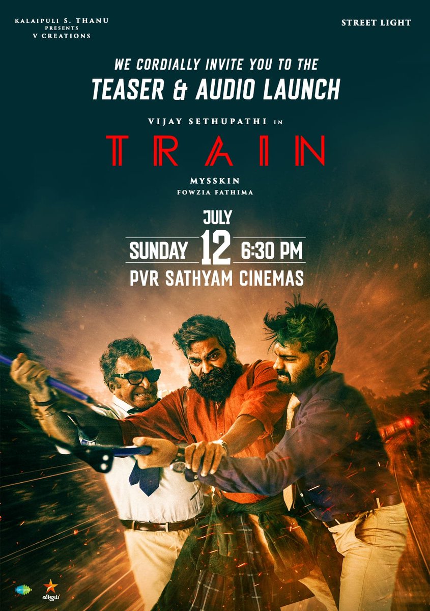 theVcreations's tweet photo. Train "Teaser & Audio" launch on July 12, 6:30pm at PVR Satyam Cinemas!

@DirectorMysskin @VijaySethuOffl @shrutihaasan @nasser_kameela @ksravikumardir @ira_dayanand @itsNarain @preethy_karan @KalaiActor #YugiSethu @fowziafathima @editorsriwat #TapasNayak #StreetLight @vijaytelevision @saregamasouth @RIAZtheboss
@_PVRCinemas