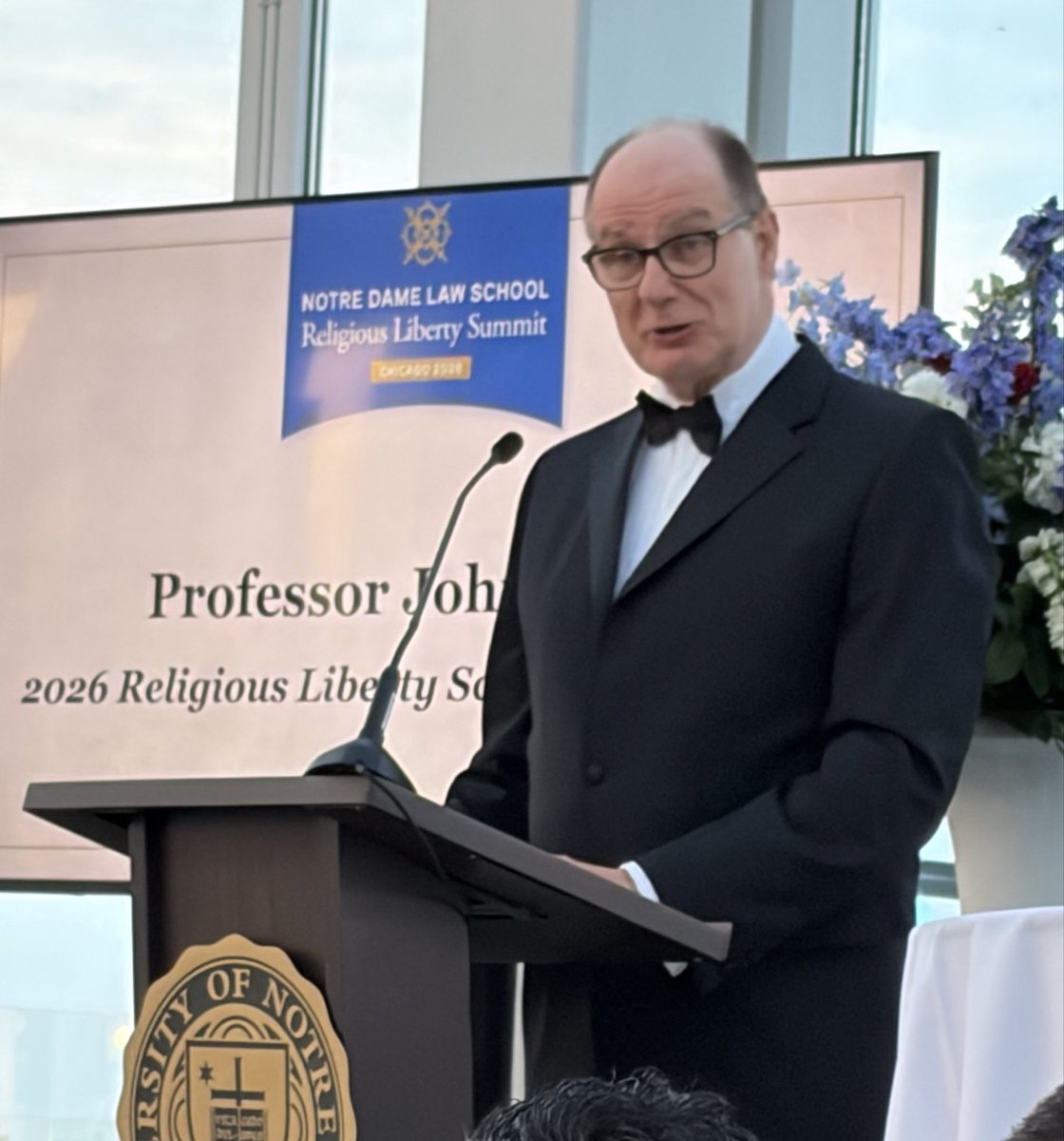 MarkHillKC's tweet photo. The traditional Gala Dinner, hosted by Dean Marcus Cole and Angie Cole, brought the 2026 Religious Liberty Summit in Chicago to a close. The Scholarship Award was presented to Prof John Witte Jr by @RickGarnett. Thanks to @NDLaw @NDLawRLC #FoRB https://t.co/5nMWSl20Md