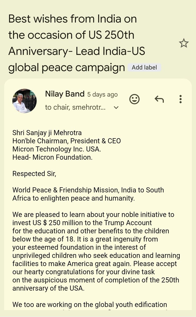 nasasporting's tweet photo. @MicronCEO @MicronTech I am Nilay Band,  Indian follower of Gandhian peace. We are undertaking World Peace Mission to emboss peace. In the light of beginning of clashes between USA &amp; Iran peace becomes urgent need. I urge you to lead us for global welfare. View my email and join. https://t.co/Gd3FT46uy9