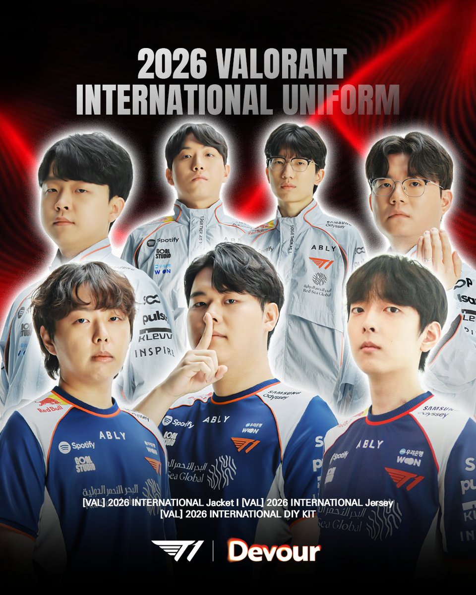 T1's tweet photo. The 2026 VALORANT INTERNATIONAL Uniform arrives on July 10st!

7월 10일, 2026 VALORANT INTERNATIONAL 유니폼을 만나보세요!

🔔OPEN: July 10, 2026 (Fri) 12:00 PM (KST)🔔
🛒 Store : T1 공식 온라인스토어(https://t.co/v4IrZh7uhj) | T1 HQ SHOP | T1 BASE CAMP 홍대점 | T1 BASE CAMP 부산점

#T1VALORANT